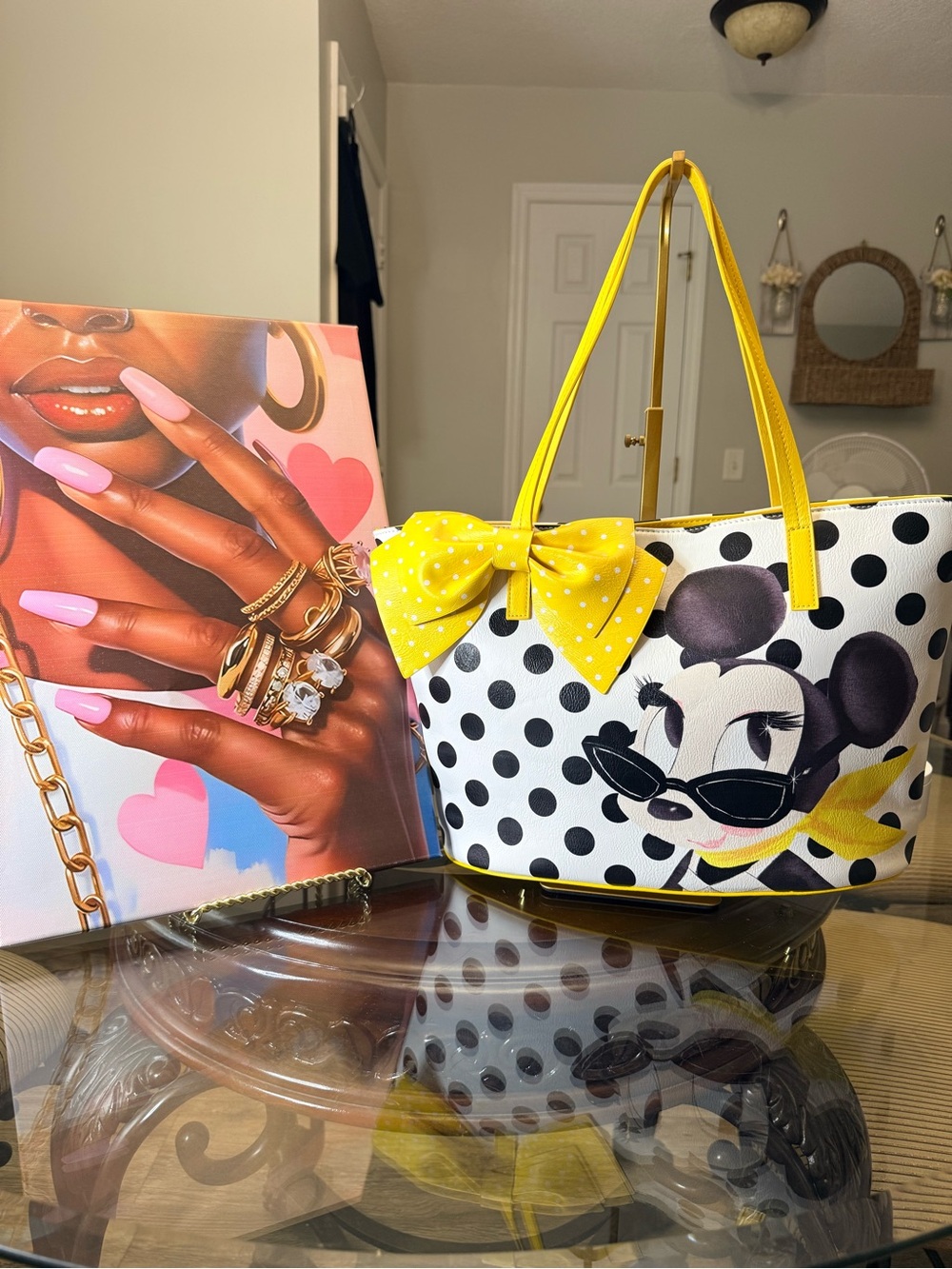 Disney Black & White Polka Dot Tote with Yellow Bow Accent